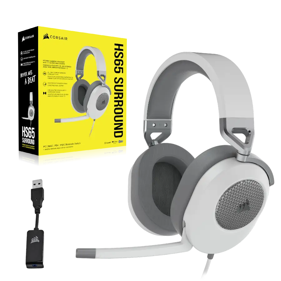 Auriculares Gamer CORSAIR HS65 SURROUND Dolby Audio 7.1 50mm 3.5mm USB Blanco