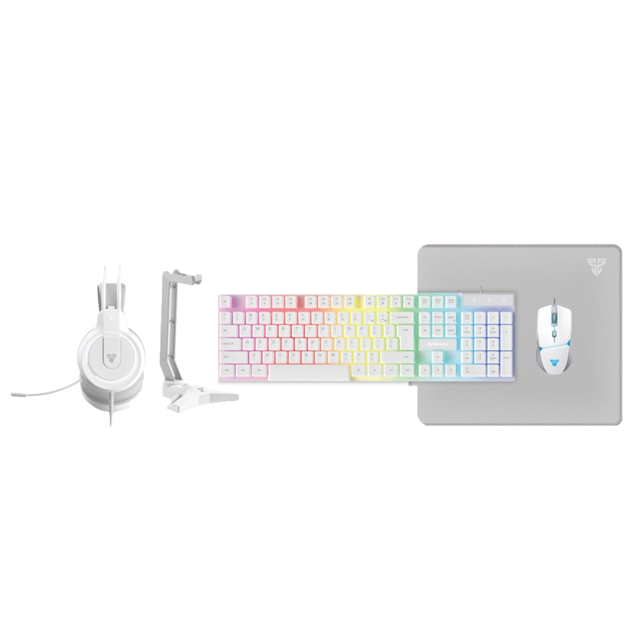 Combo Gamer Fantech P51 Teclado K515 Mouse VX7 Pad MP356 Auris HQ53 Base AC304 Blanco Inglés US