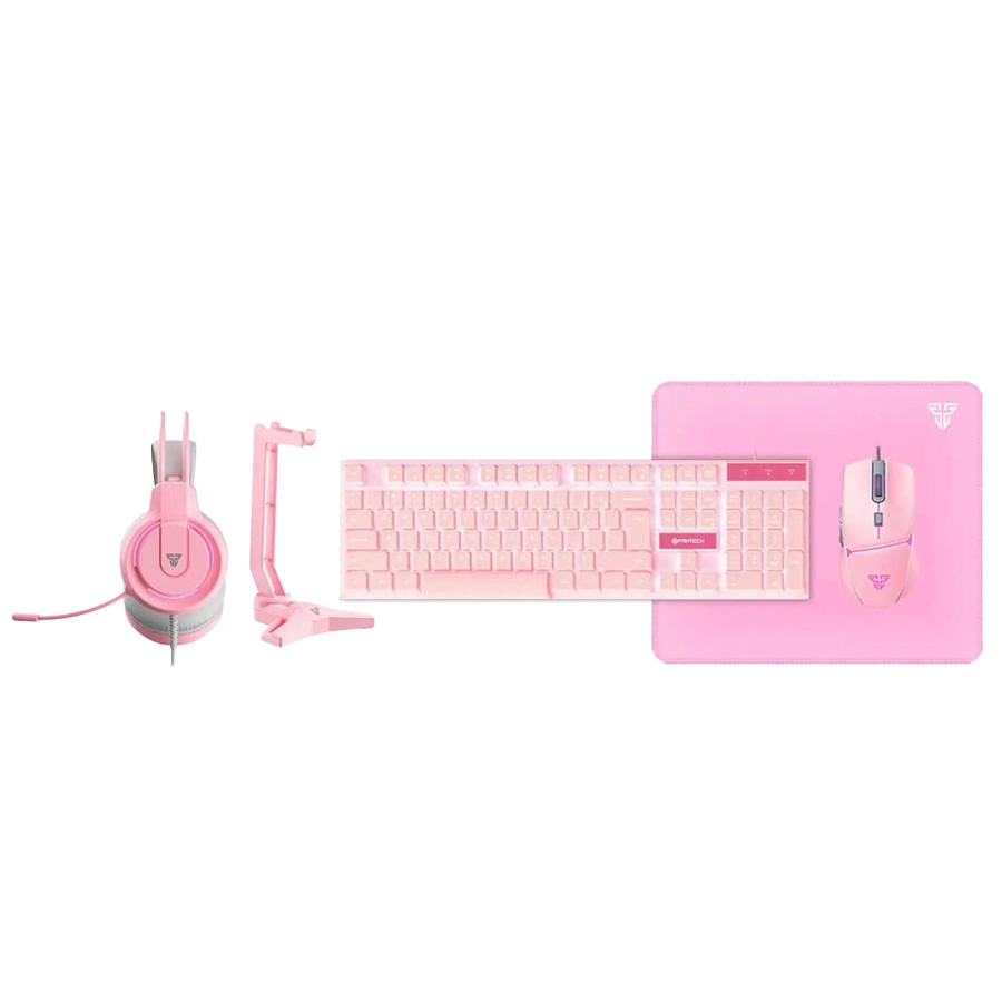 Combo Gamer Fantech P51 Teclado K515 Mouse VX7 Pad MP356 Auris HQ53 Base AC304 Rosa Inglés US