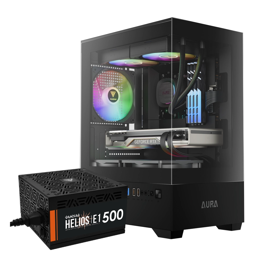 Combo Gabinete GAMDIAS AURA GC9M ARGB + Fuente HELIOS E1-500 500W 80 PLUS