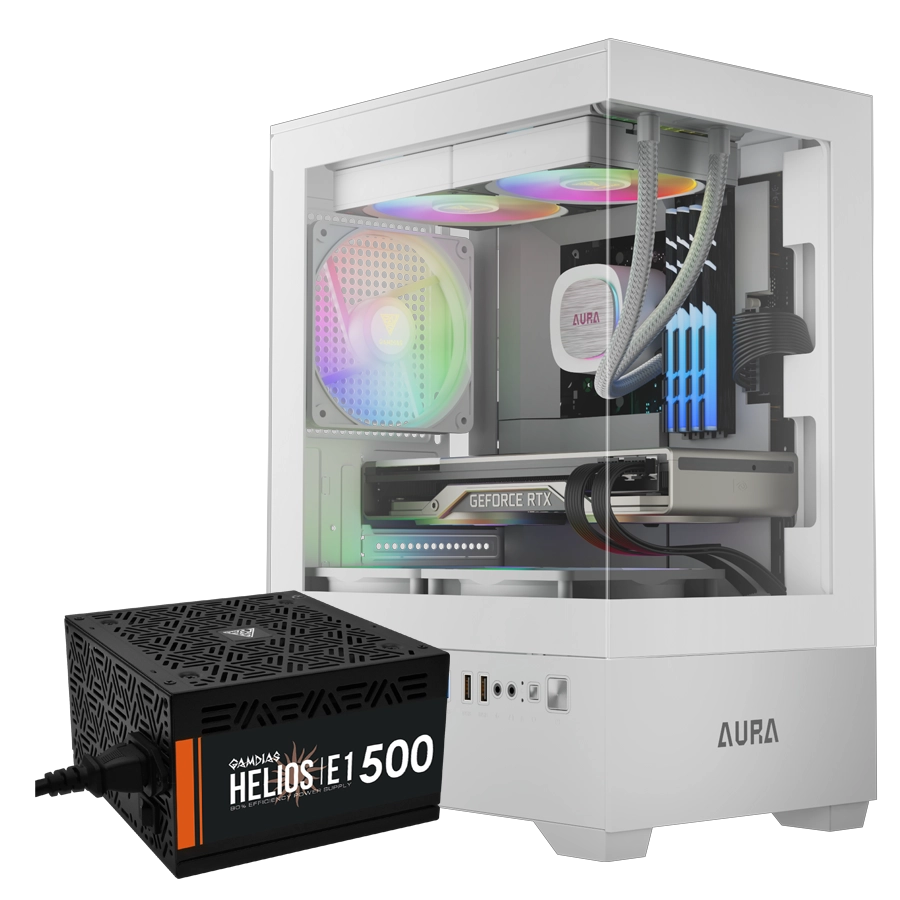 Combo Gabinete GAMDIAS AURA GC9M WH ARGB + Fuente HELIOS E1-500 500W 80 PLUS