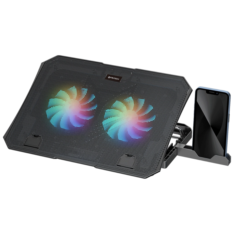 BASE PARA NOTEBOOK FANTECH NC14 HASTA 15.6" 2X FAN COOLER LED RAINBOW 2X USB BASE TELÉFONO NEGRO