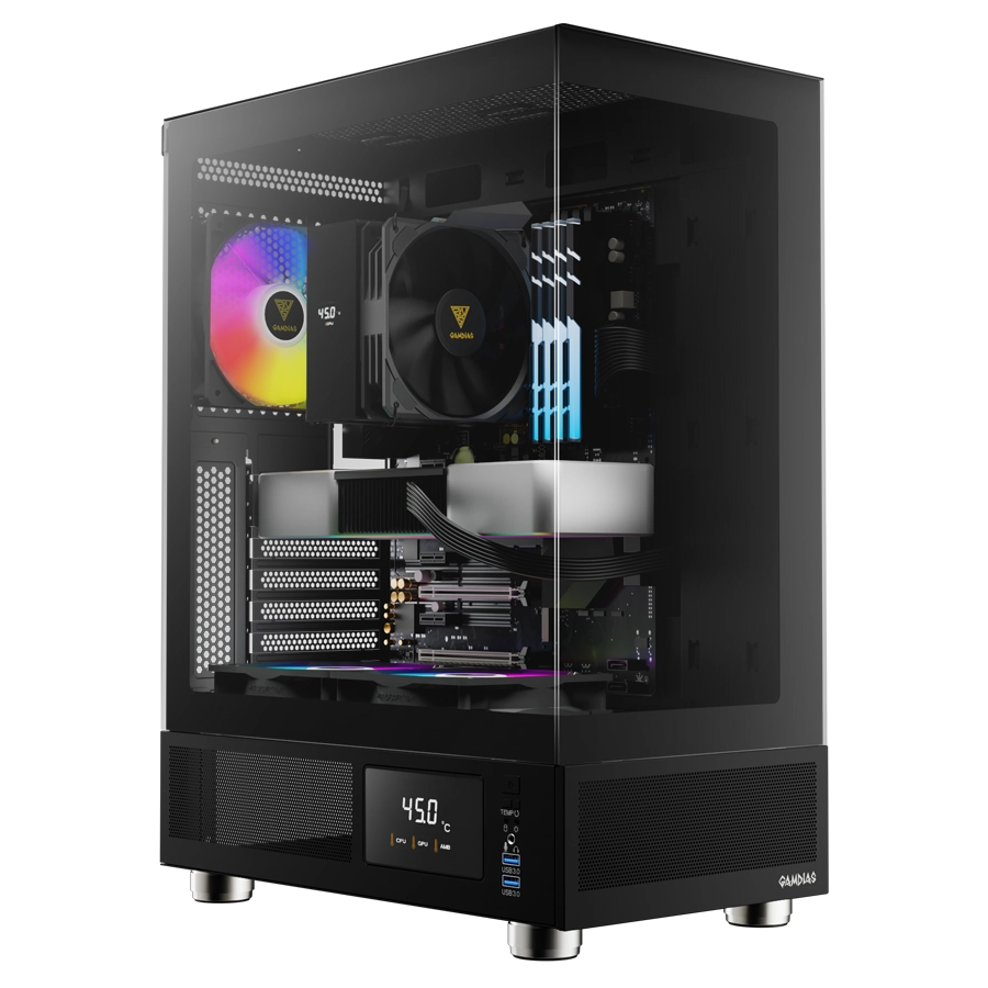 Gabinete GAMDIAS ATLAS E1 Mid Tower Pantalla LCD ATX TG Negro 3xFan ARGB