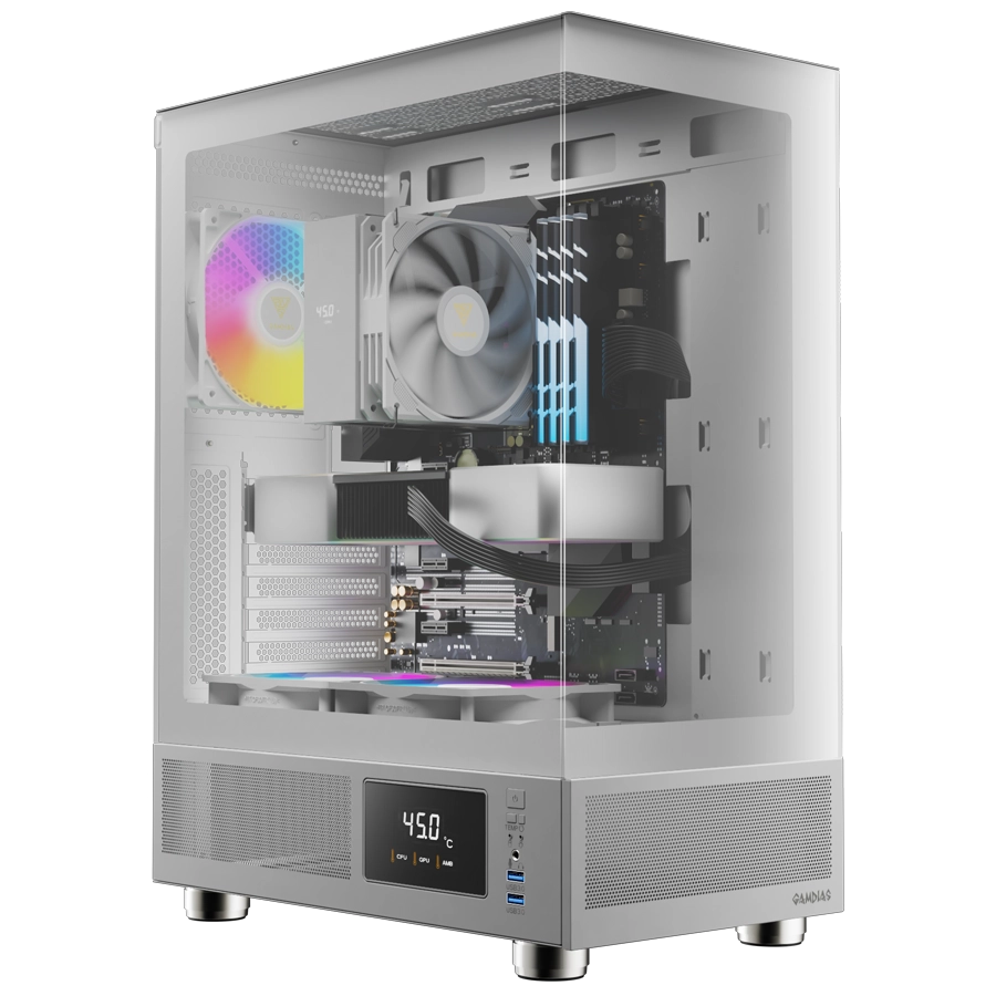 Gabinete GAMDIAS ATLAS E1 WH Mid Tower Pantalla LCD ATX TG Blanco 3xFan ARGB