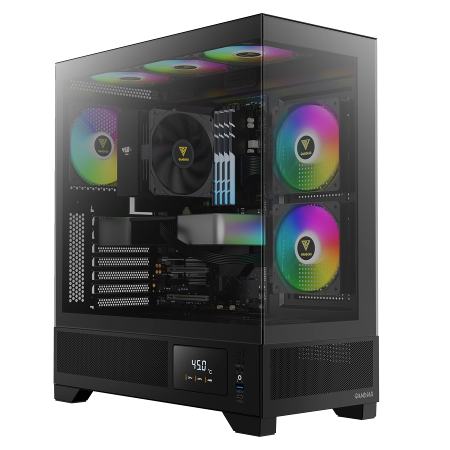 Gabinete GAMDIAS ATLAS M1 Mid Tower Pantalla LCD ATX TG Negro 3xFan ARGB PWM c/ Hub