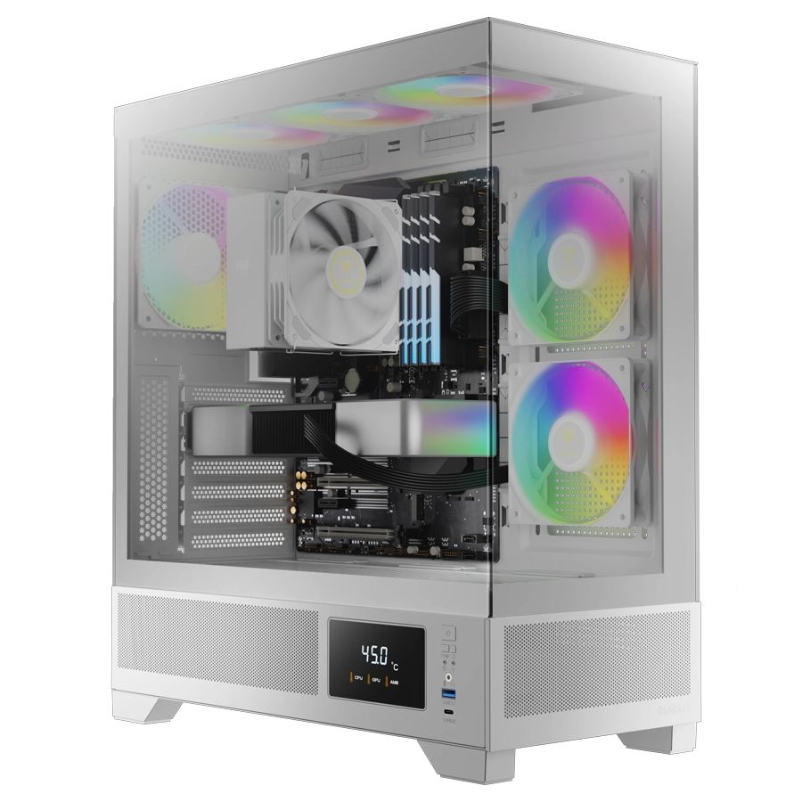 Gabinete GAMDIAS ATLAS M1 WH Mid Tower Pantalla LCD ATX TG Blanco 3xFan ARGB PWM c/ Hub