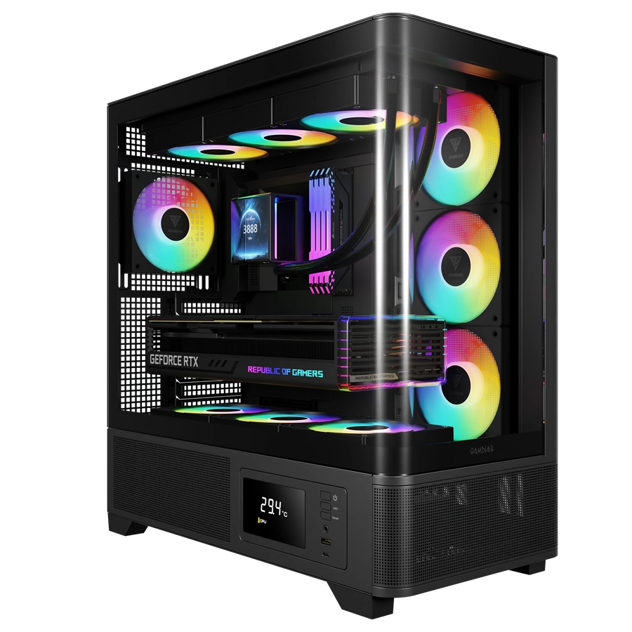 GABINETE GAMDIAS ATLAS P2 CG MID TOWER MONITOR TEMP. ATX TG CURVADO 4XFAN ARGB PWM HUB CTRL.