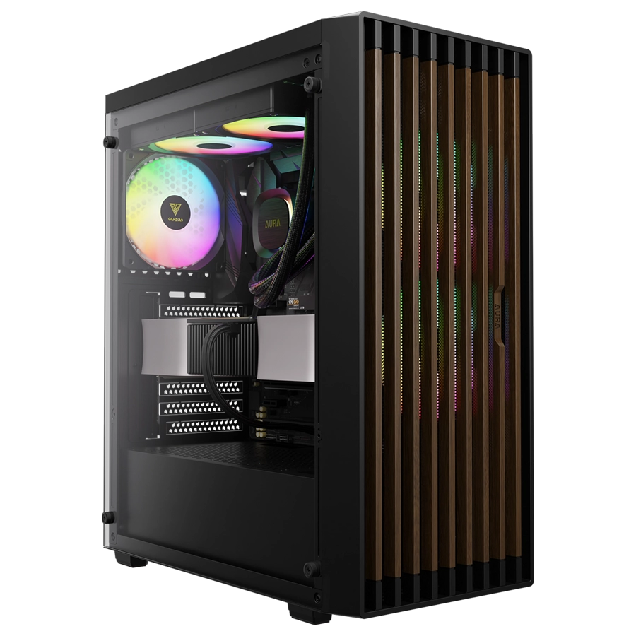 GABINETE GAMDIAS AURA GC4 ELITE ARGB MID TOWER ATX TG MESH MADERA NOGAL 3XFAN