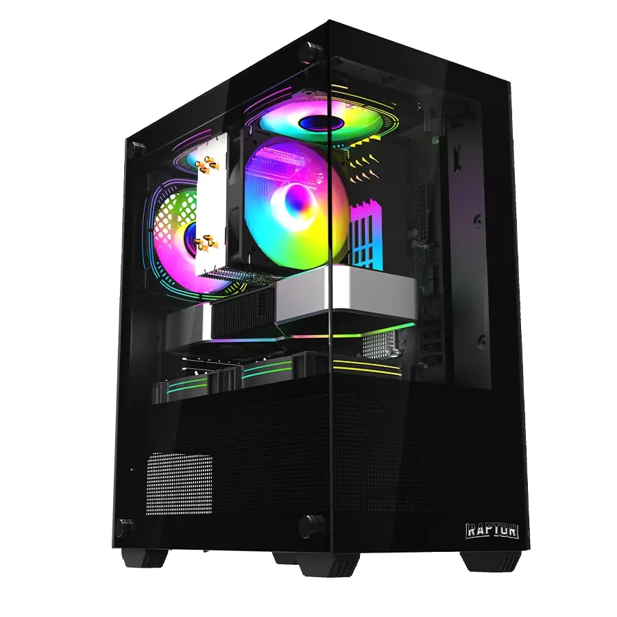 Gabinete Gamer Raptor Nova Prime Mid Tower mATX 2xTG 3xFan RGB Negro