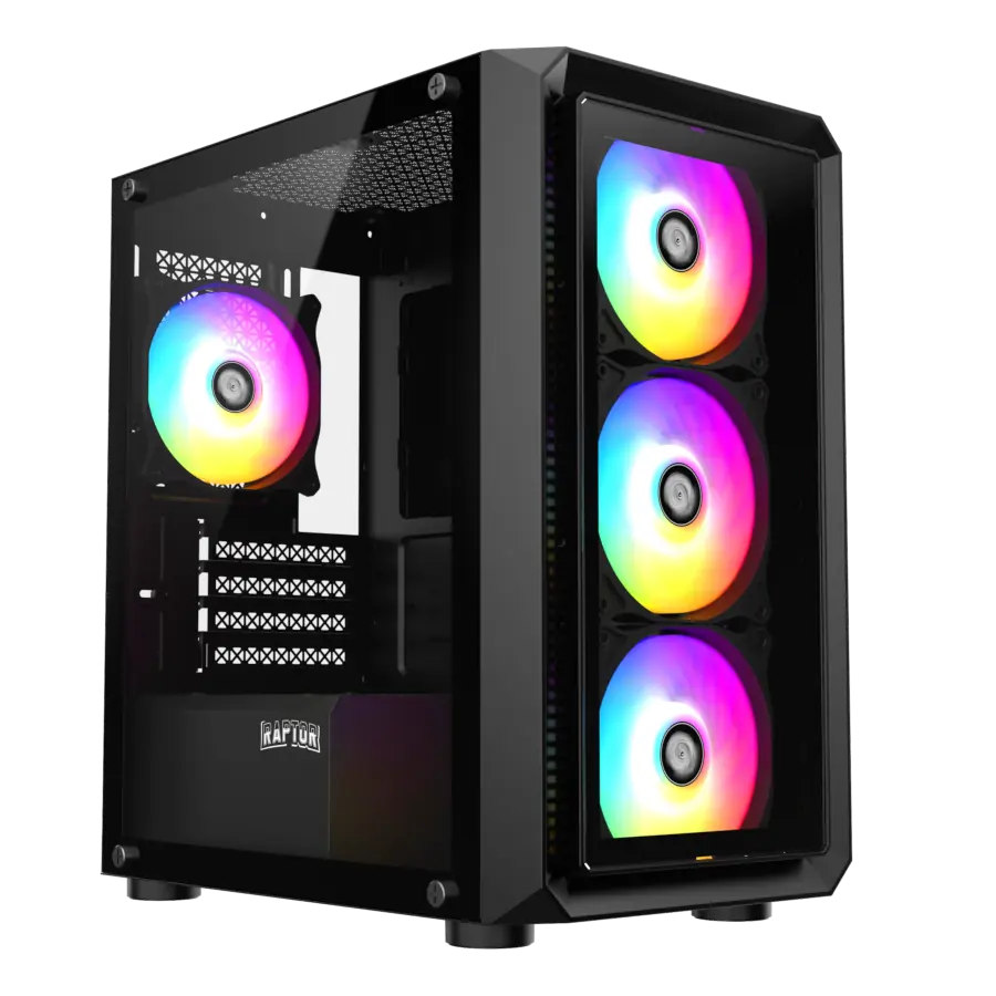 Gabinete Gamer Raptor Infinity Glass Mid Tower mATX 2xTG 4xFan RGB Negro