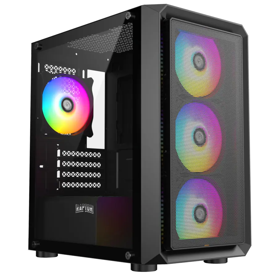 Gabinete Gamer Raptor Infinity Mesh Mid Tower mATX TG 4xFan RGB Negro