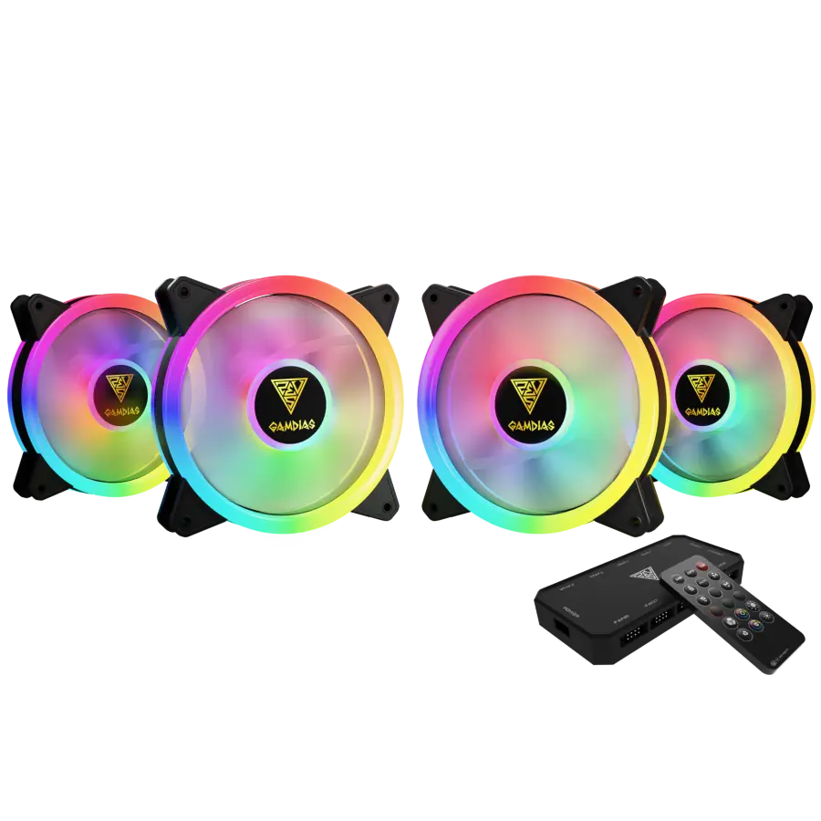 Kit Fan Cooler GAMDIAS AEOLUS M2-1204R 4x120mm ARGB 1500rpm Negro c/ Controladora y Remoto