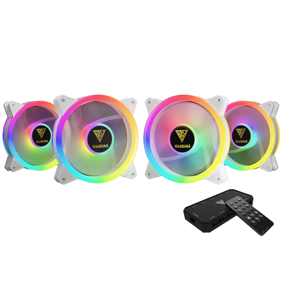 Kit Fan Cooler GAMDIAS AEOLUS M2-1204R WH 4x120mm ARGB 1500rpm Blanco c/ Controladora y Remoto