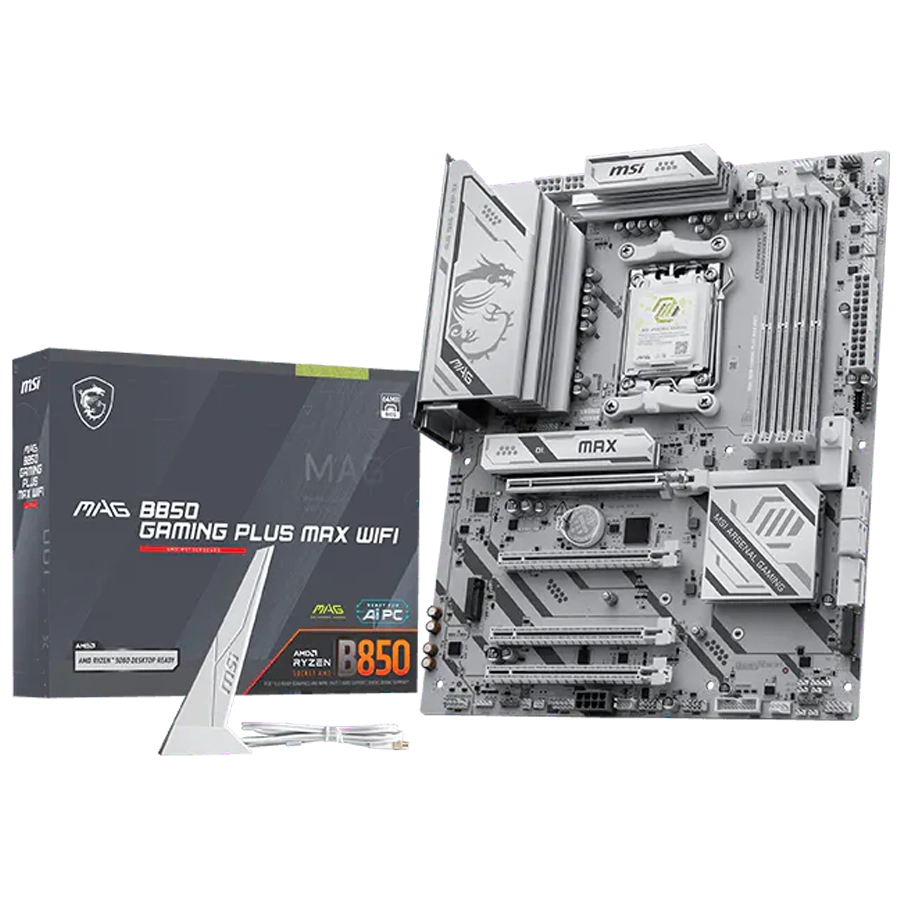 MOTHERBOARD MSI MAG B850 GAMING PLUS MAX WIFI AMD AM5 ATX PCIE 5.0 M.2 GEN5 WIFI7 LAN 5GB BLANCO