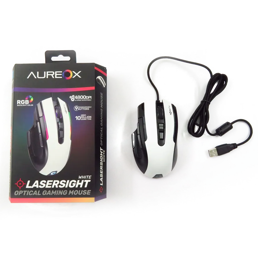 Mouse Gamer Aureox Laserlight 4800dpi 9 Botones Peso Ajustable RGB Blanco
