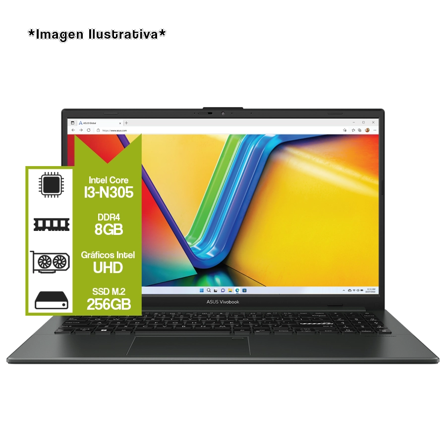 Notebook ASUS Vivobook Go 15 15.6" FHD IPS | Intel Core i3-N305 | 8GB DDR4 | 256GB SSD | Negro
