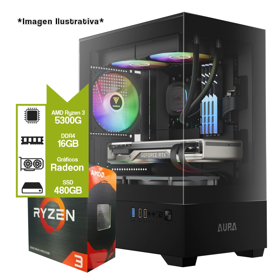 PC ARMADA AMD RYZEN 3 5300G + A520M + 16GB DDR4 + SSD 480GB + AURA GC9M ARGB + 500W 80 PLUS