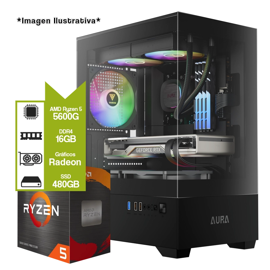 PC ARMADA AMD RYZEN 5 5600G + A520M + 16GB DDR4 + SSD 480GB + AURA GC9M ARGB + 500W 80 PLUS