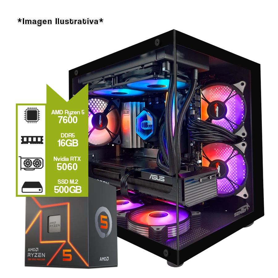 PC Armada AMD Ryzen 5 7600 + A620AM + 16GB DDR5 + GeForce RTX 5060 + M.2 500GB 