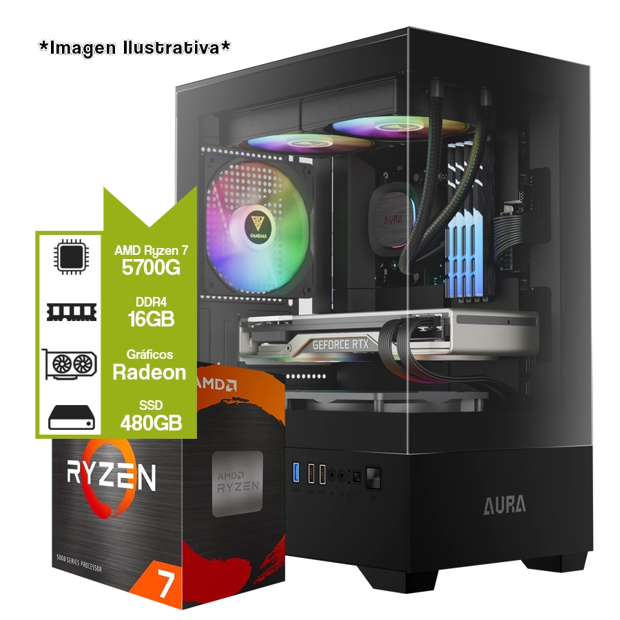 PC ARMADA AMD RYZEN 7 5700G + A520M + 16GB DDR4 + SSD 480GB + AURA GC9M ARGB + 500W 80 PLUS