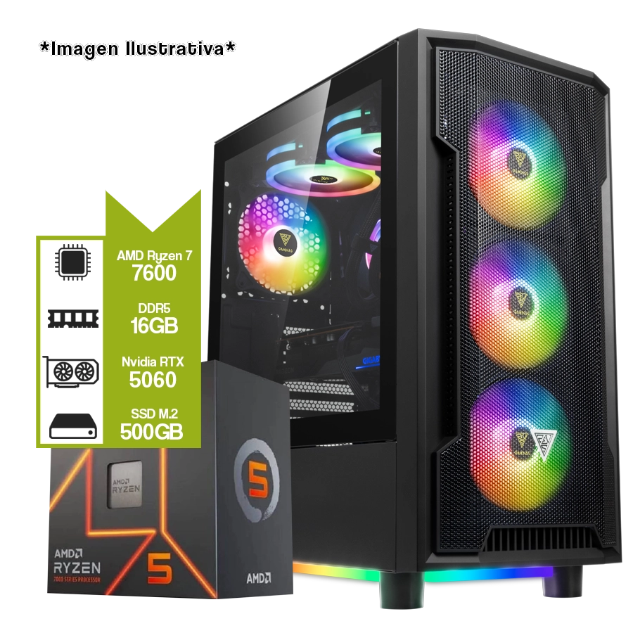PC Armada AMD Ryzen 7 7600 + A620AM + 16GB DDR5 + M.2 500GB + NVIDIA RTX 5060 