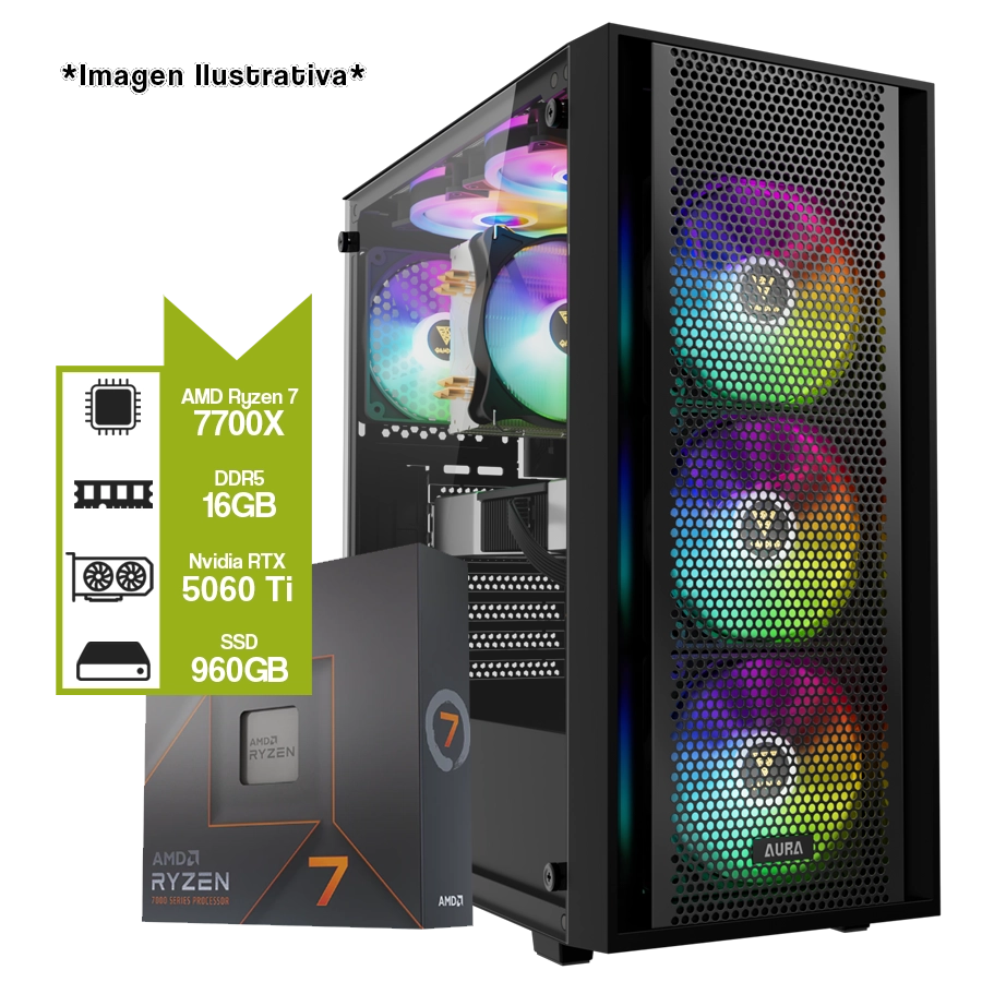 PC Armada AMD Ryzen 7 7700X + RTX 5060 Ti + B650M + 16GB DDR5 + 960GB SSD