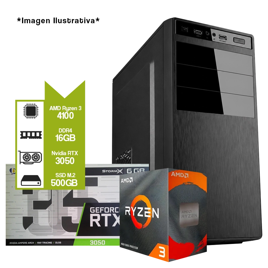 PC Armada Gamer AMD Ryzen 3 4100 + A520M + 16GB DDR4 + GeForce RTX 3050 6GB + M.2 500GB