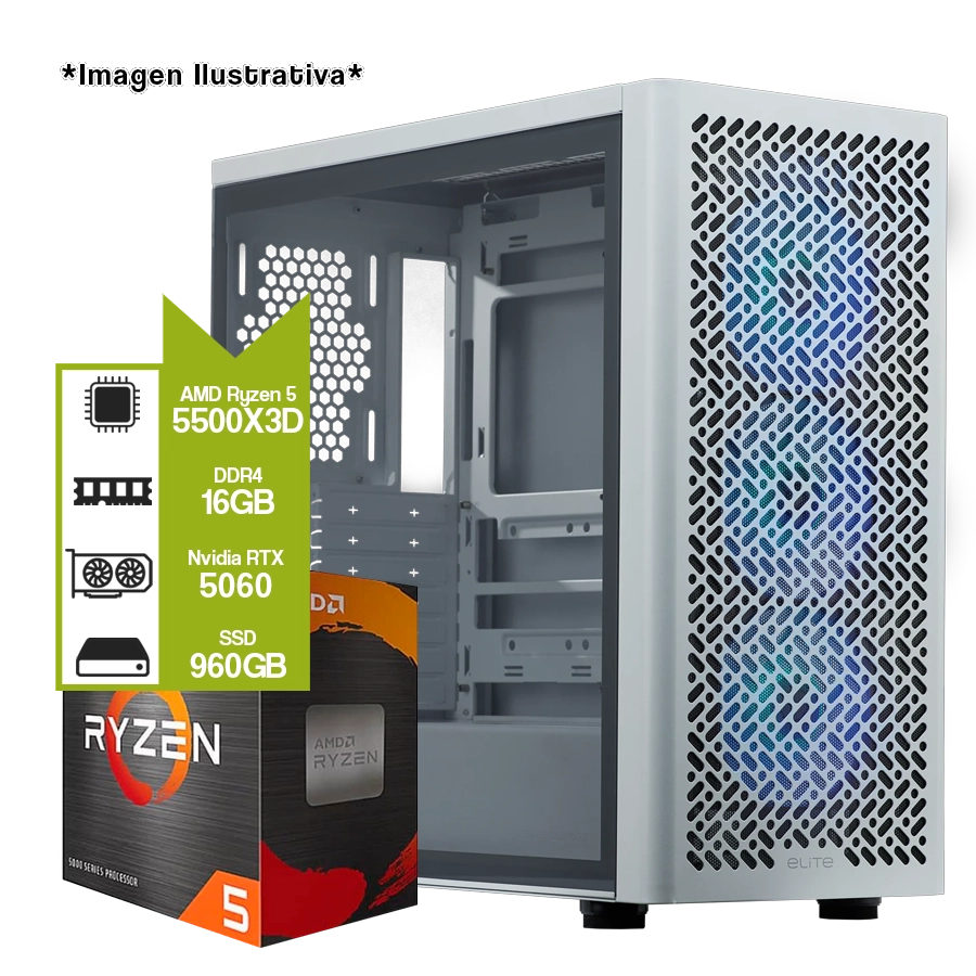 PC Armada Gamer AMD Ryzen 5 5500X3D + B550M + 16GB + GeForce RTX 5060 + SSD 960GB