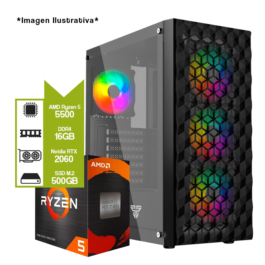 PC Armada Gamer AMD Ryzen 5 5500 + A520M + 16GB + GeForce RTX 2060 6GB + M.2 500GB