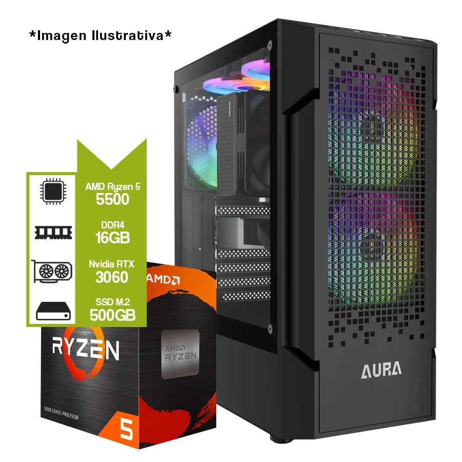 PC Armada Gamer AMD Ryzen 5 5500 + A520M + 16GB + M.2 500GB + GeForce RTX 3060 12GB 