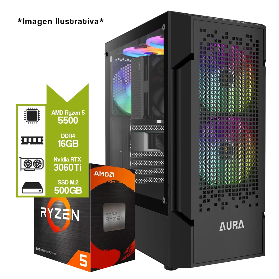 PC Armada Gamer AMD Ryzen 5 5500 + A520M + 16GB + M.2 500GB + GeForce RTX 3060 Ti 8GB