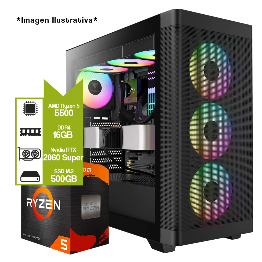 PC Armada Gamer AMD Ryzen 5 5500 + A520M + 16GB + NVIDIA RTX 2060 Super 8GB + M2 480GB