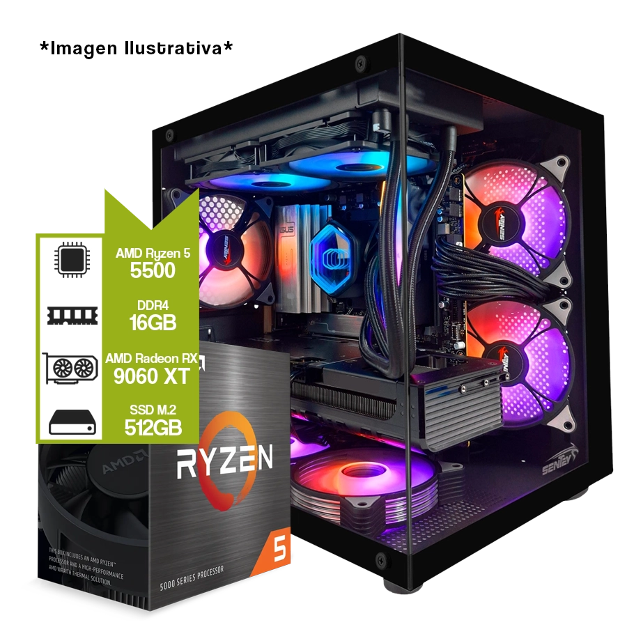 PC ARMADA GAMER AMD RYZEN 5 5500 + B550M + 16GB DDR4 + RADEON RX 9060 XT + M.2 512GB