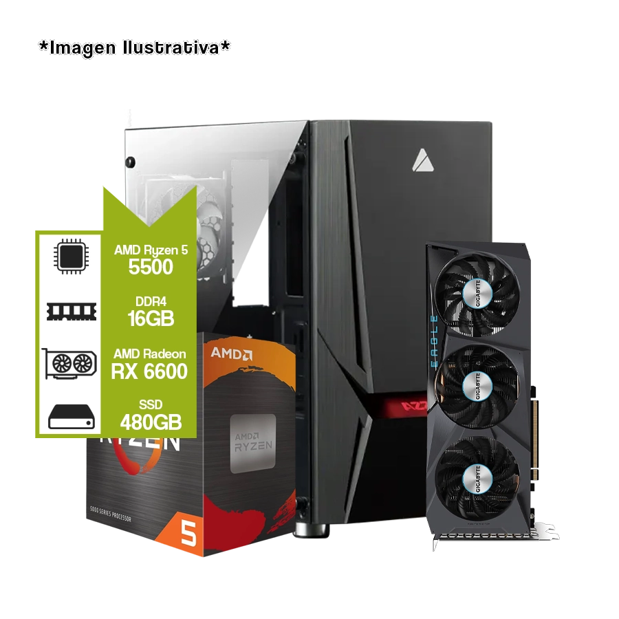 PC Armada Gamer AMD Ryzen 5 5500 + RX 6600 EAGLE + A520M + SSD 480GB + 16GB DDR4