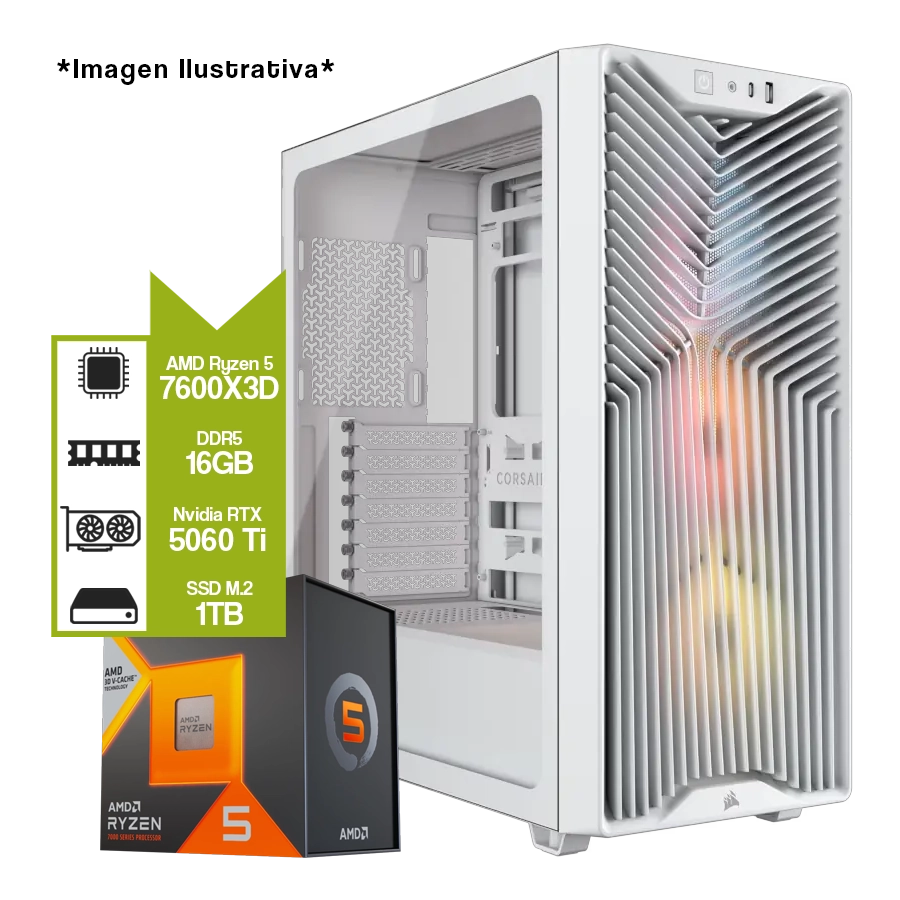 PC Armada Gamer AMD Ryzen 5 7600X3D + B650M WiFi + GeForce RTX 5060 Ti 16GB + M.2 1TB + 16GB DDR5 