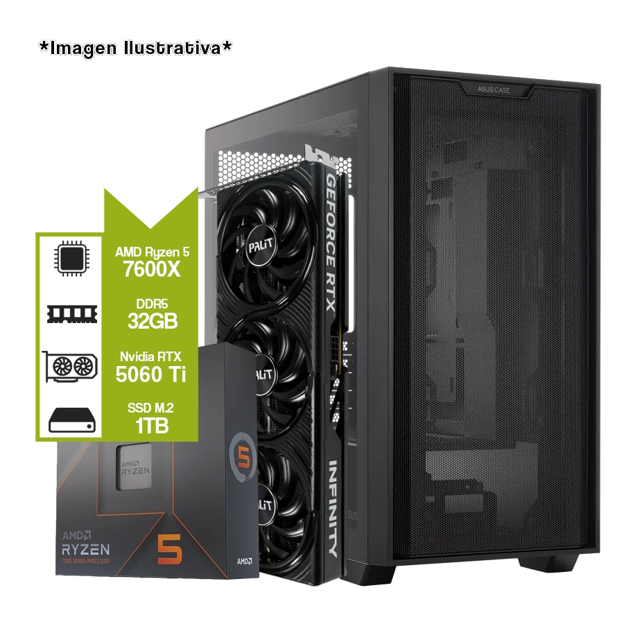 PC ARMADA GAMER AMD RYZEN 5 7600X + B650M TUF + NVIDIA RTX 5060 TI + M.2 1TB + 32GB DDR5