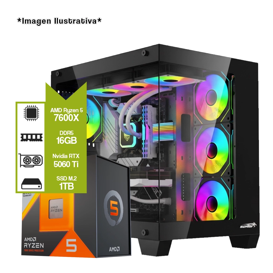PC Armada Gamer AMD Ryzen 5 7600X + B650M WiFi + 16GB + GeForce RTX 5060 Ti + M.2 1TB 