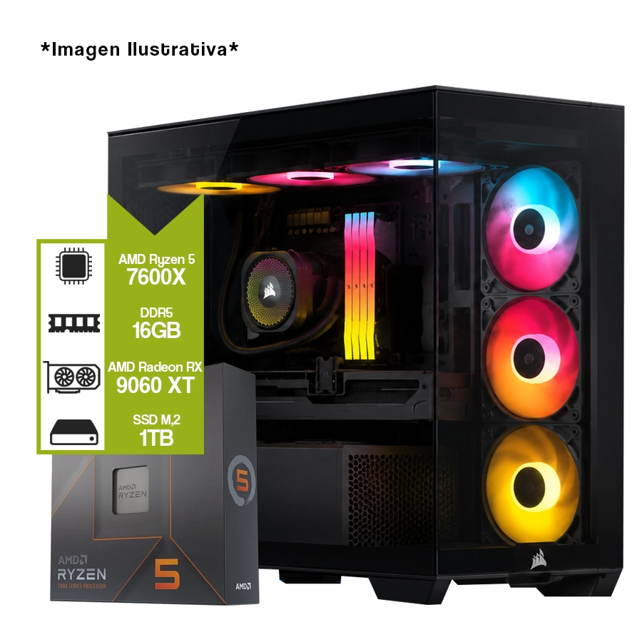 PC ARMADA GAMER AMD RYZEN 5 7600X + B850M WIFI + 16GB DDR5 + RADEON RX 9060 XT + M.2 1TB