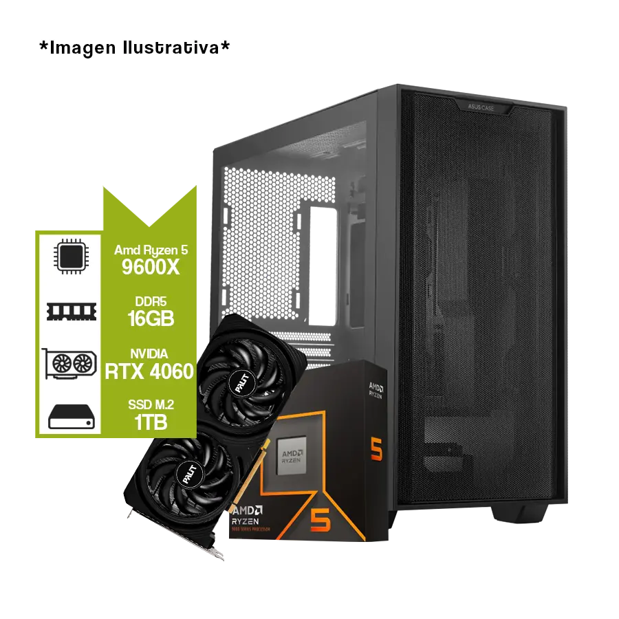 PC Armada Gamer AMD Ryzen 5 9600X + B650M + NVIDIA 4060 8GB + SSD 1TB + 16GB DDR5