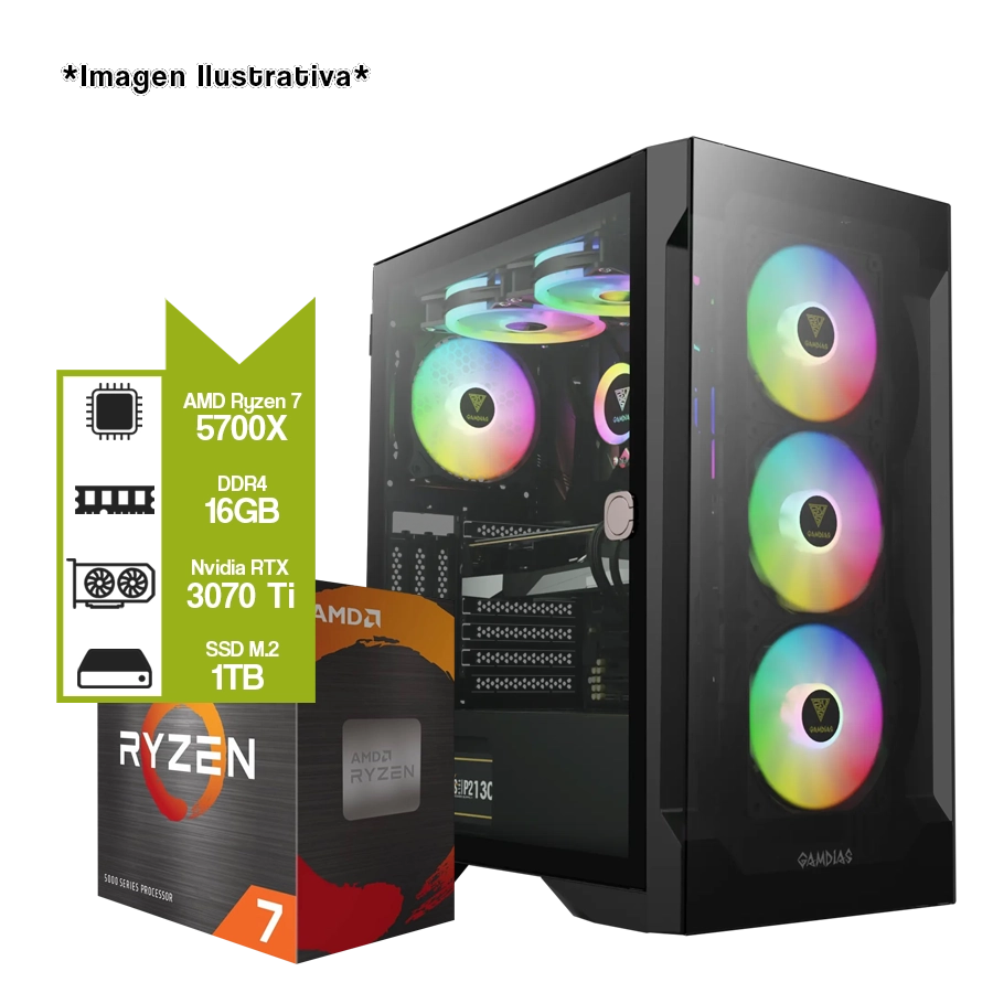 PC Armada Gamer AMD Ryzen 7 5700X + B550M + 16GB + M.2 1TB + NVIDIA RTX 3070 TI 