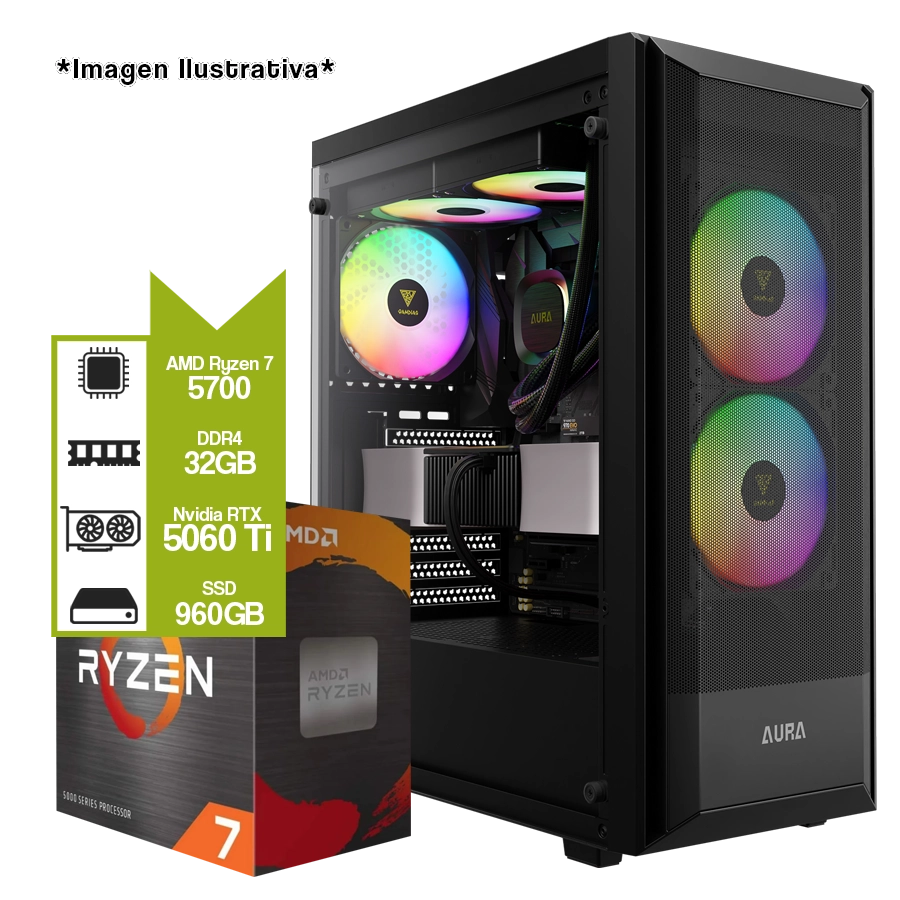 PC Armada Gamer AMD Ryzen 7 5700 + RTX 5060 Ti + B550M + 32GB DDR4 + SSD 960GB