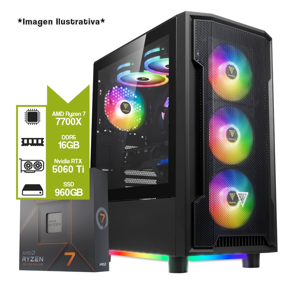 PC Armada Gamer AMD Ryzen 7 7700X + B650M + 16GB + NVIDIA RTX 5060 Ti 16GB + SSD 960GB 