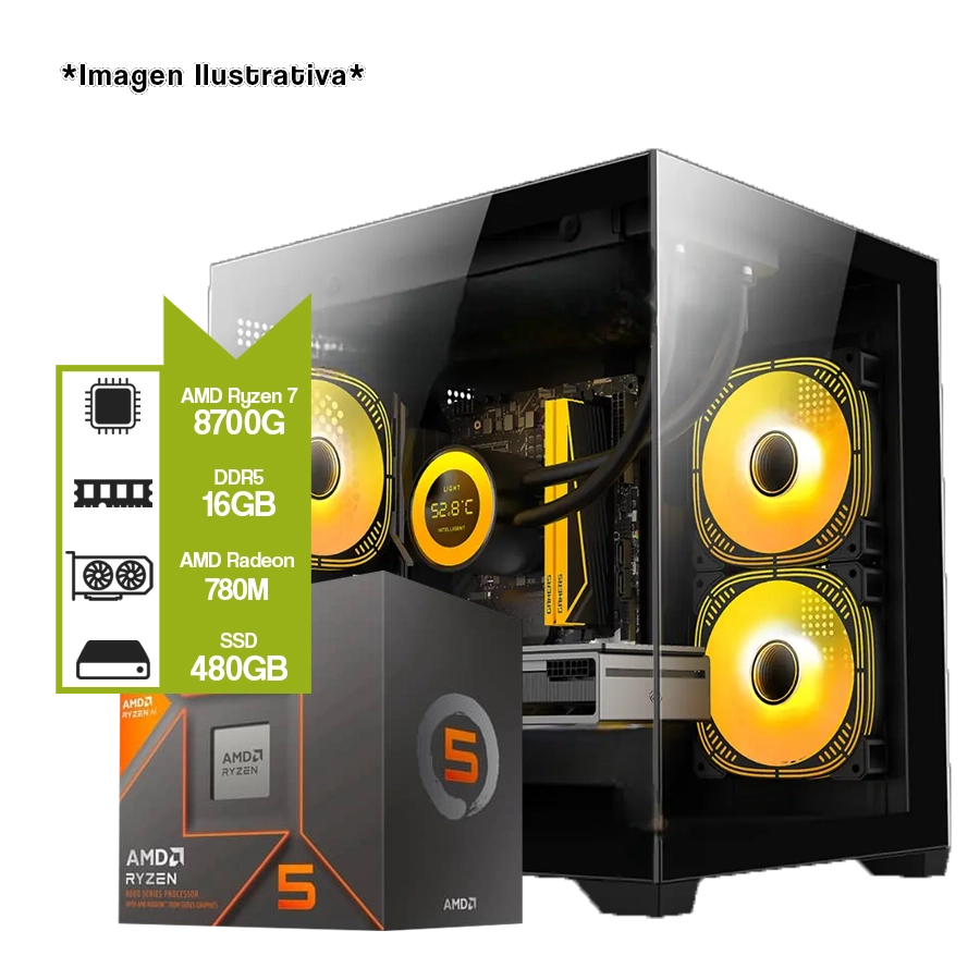 PC ARMADA GAMER AMD RYZEN 8700G + A620M + SSD 480GB + 16GB DDR5 + JT-X93. C/ FUENTE 500W 80 PLUS