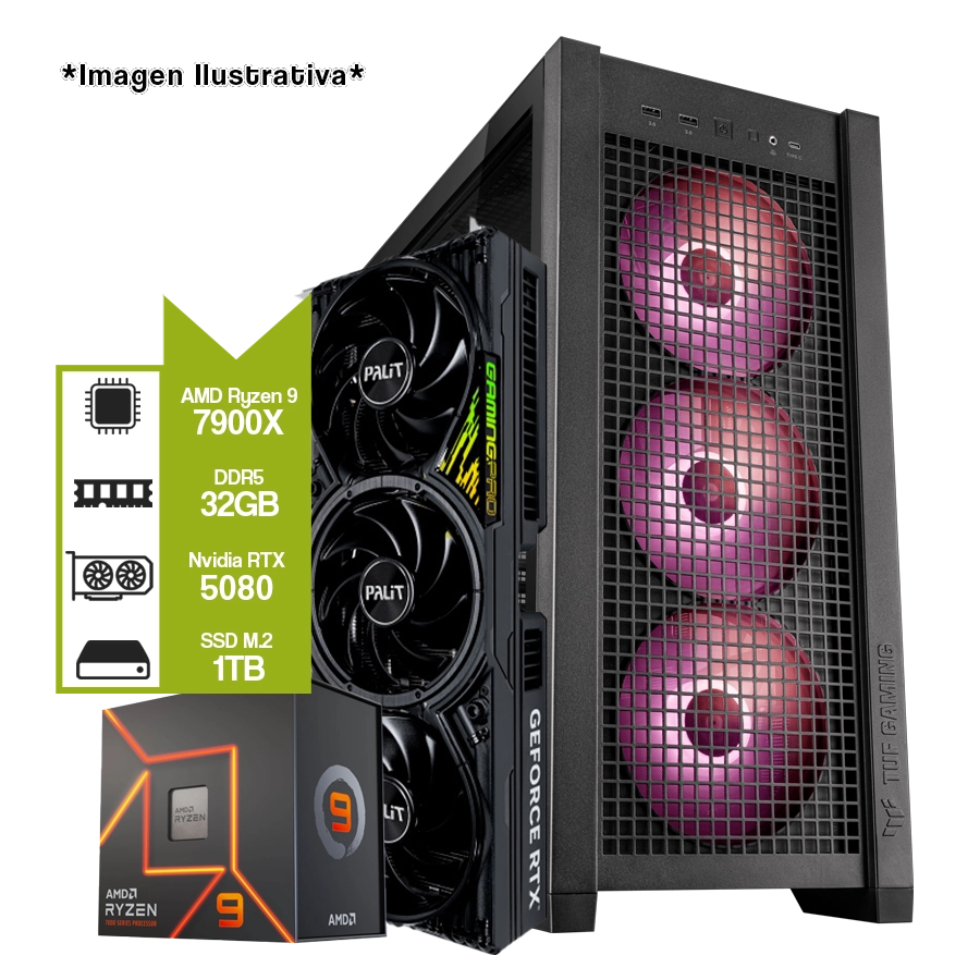 PC ARMADA GAMER AMD RYZEN 9 7900X + B650M TUF WIFI + NVIDIA RTX 5080 + M.2 1TB + 32GB DDR5