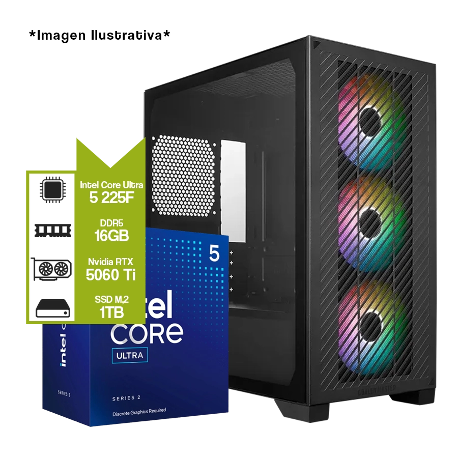 PC ARMADA GAMER INTEL CORE ULTRA 5 225F + H810M WIFI + GEFORCE RTX 5060 TI + 16GB DDR5 + M.2 1TB