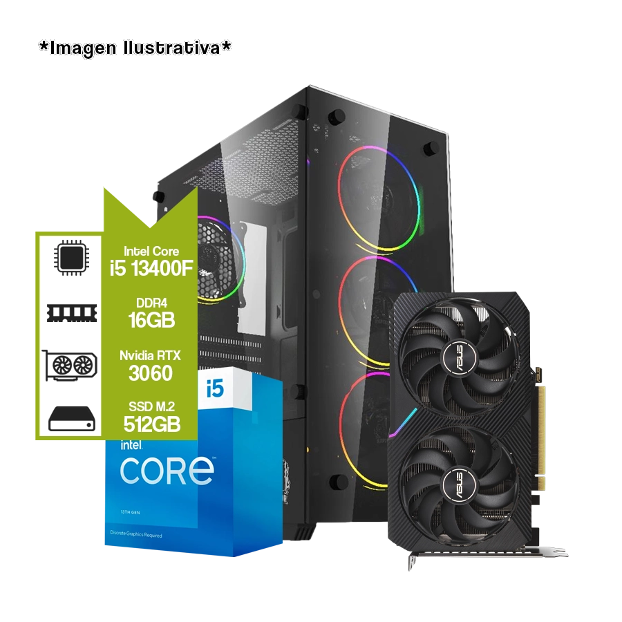 PC ARMADA GAMER INTEL I5-13400F + NVIDIA RTX 3060 + H610M + M.2 512GB + 16GB DDR4
