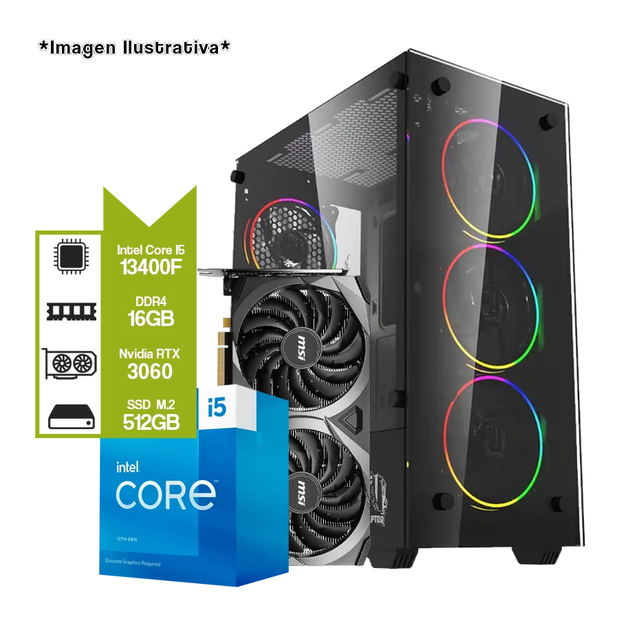 PC ARMADA GAMER INTEL I5-13400F + NVIDIA RTX 3060 + H610M + 16GB DDR4 + 512GB M.2