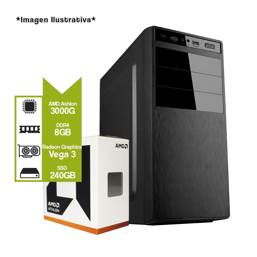 PC Armada Oficina: AMD Athlon 3000G + A520 + SSD 240GB + 8GB DDR4 + Gabinete con fuente
