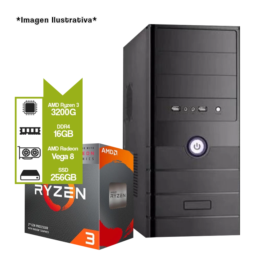 PC Oficina AMD Ryzen 3 3200G + A520M + 16GB + SSD 256GB + Gabinete Kit c/ Fuente