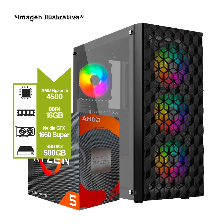 PC armada Gamer AMD Ryzen 5 4500 + A520M + 16GB + GTX 1660 Super + M.2 500GB 